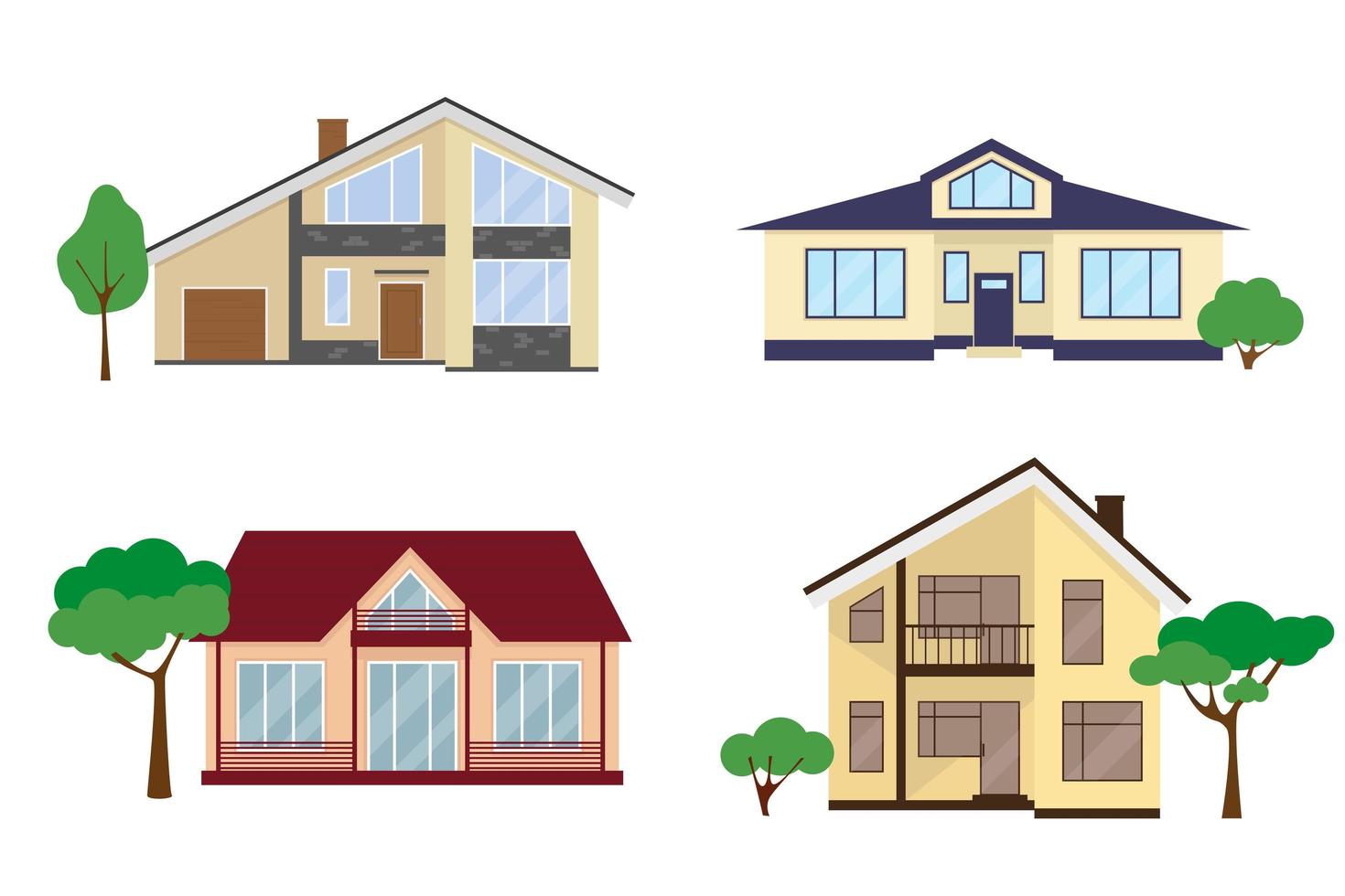 Set of four country houses in flat style. vector