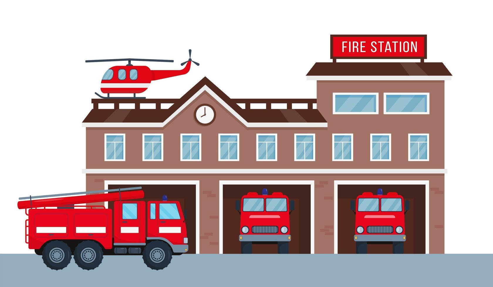 Fire station building with fire engine vehicle. vector