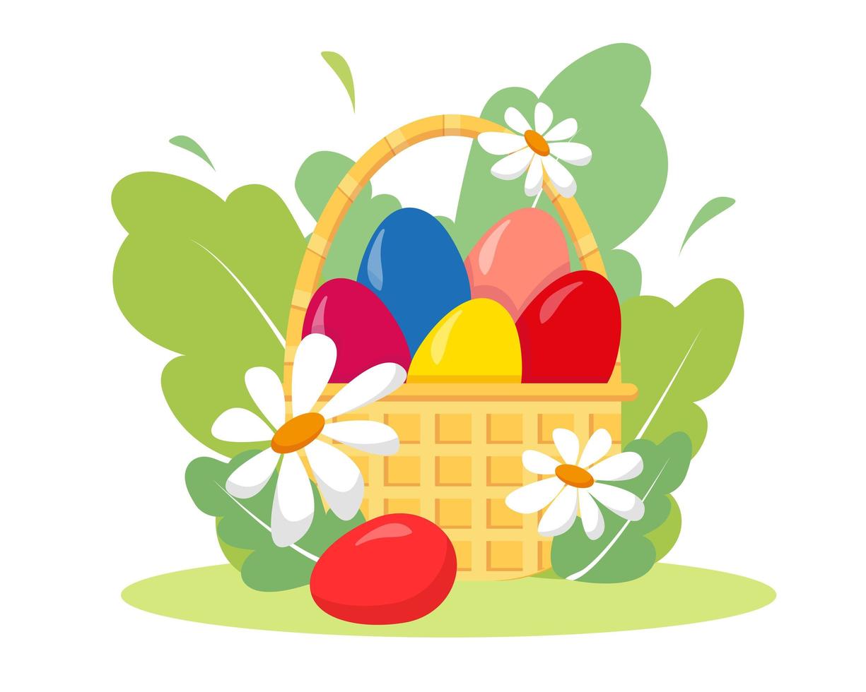 canasta con huevos de pascua y flores. vector