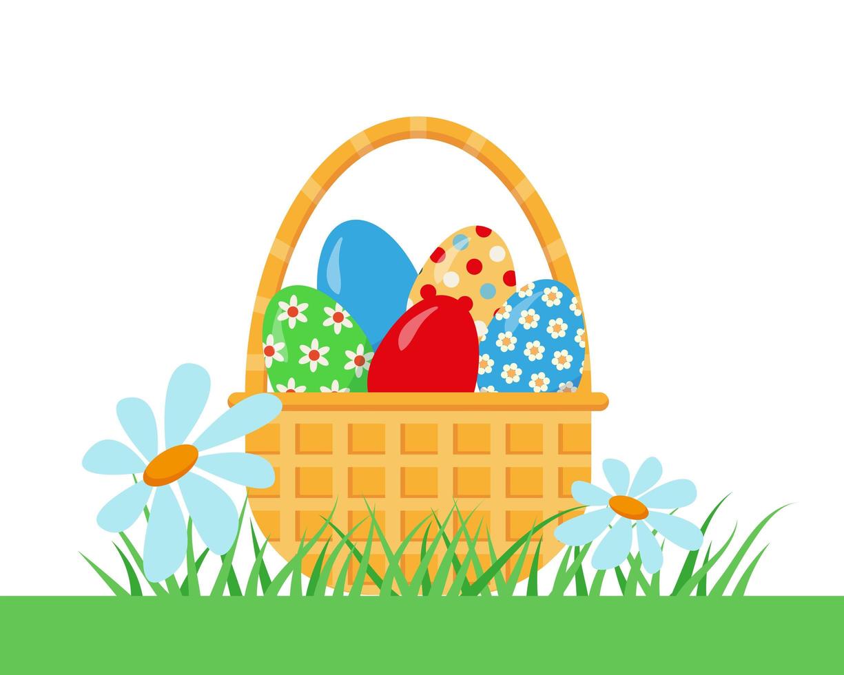 Basket with Easter eggs on the green grass. vector