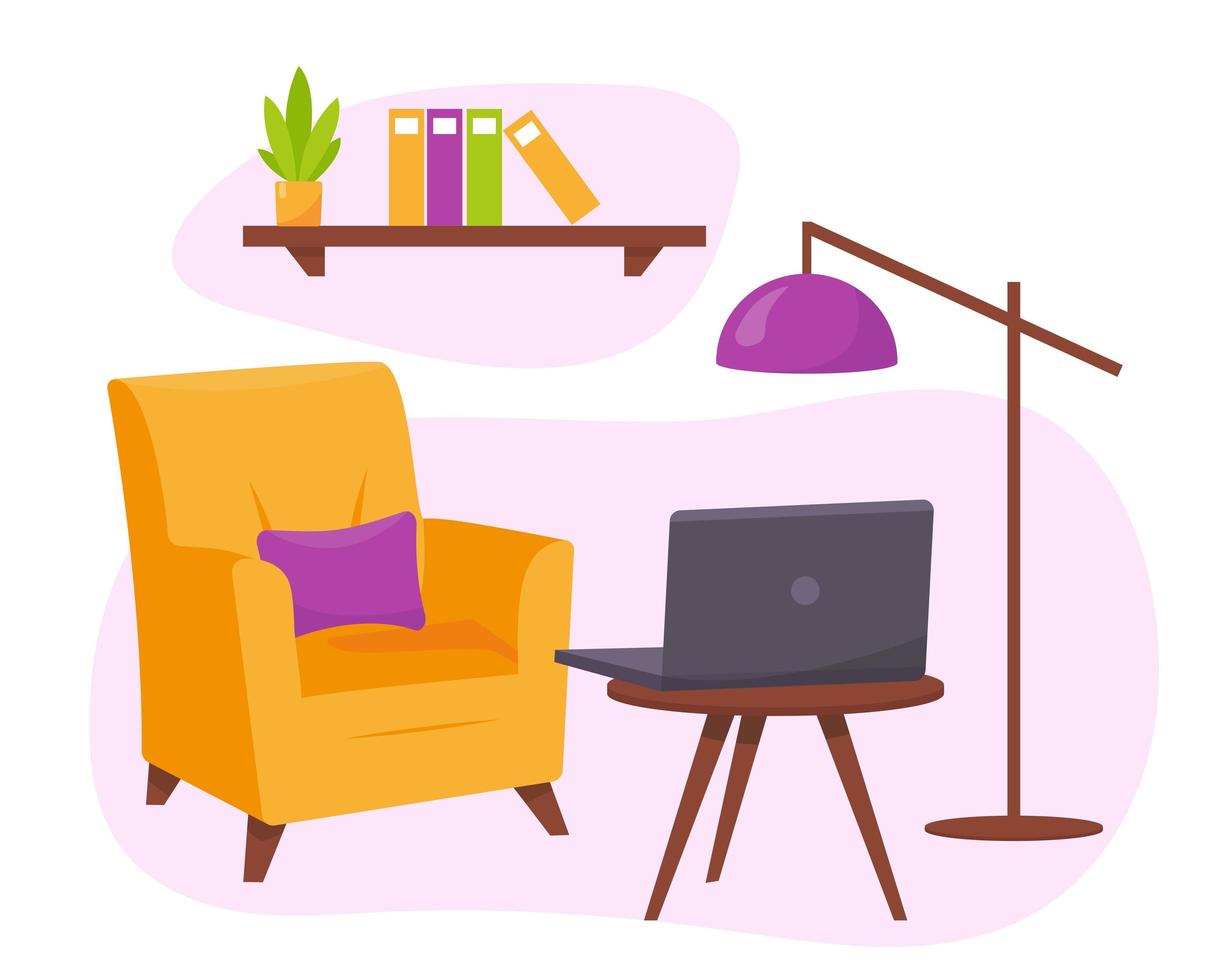 Yellow armchair, table with laptop end lamp. vector
