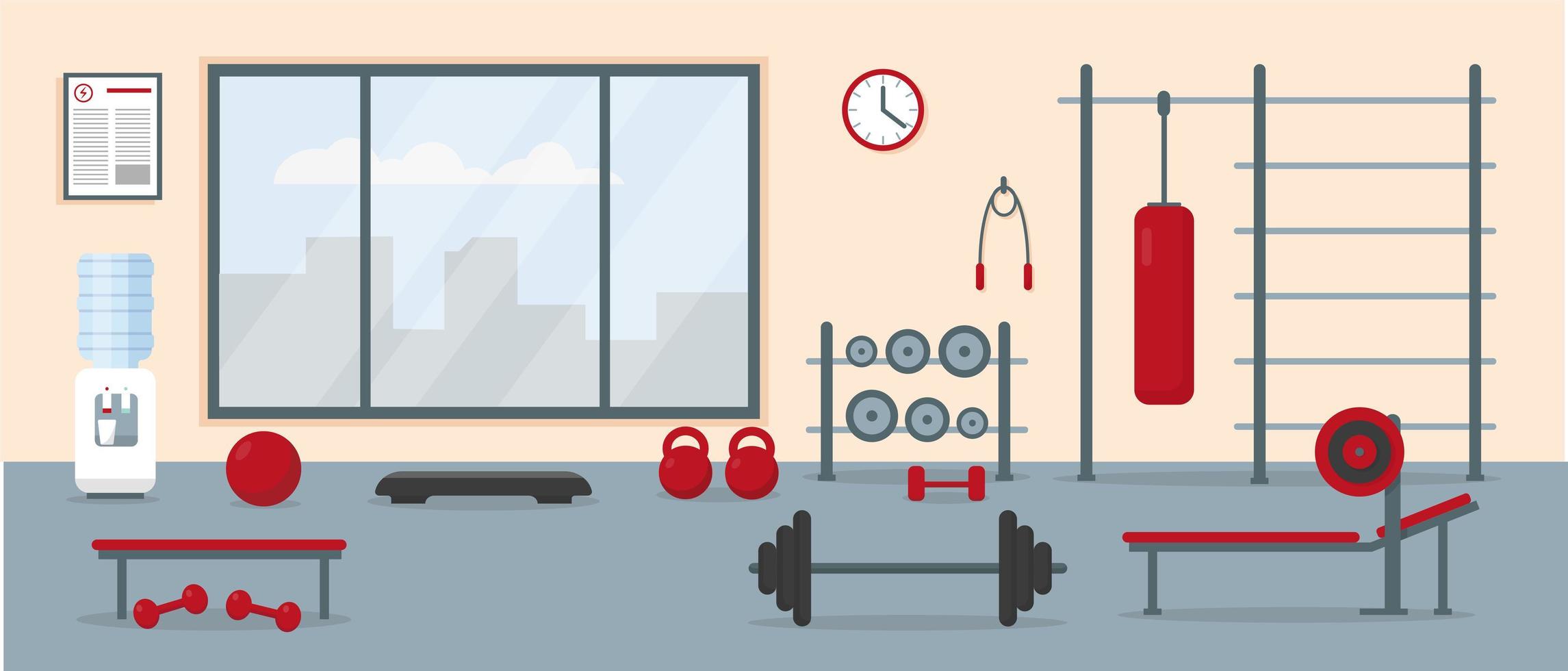 Gym interior with workout equipment. vector