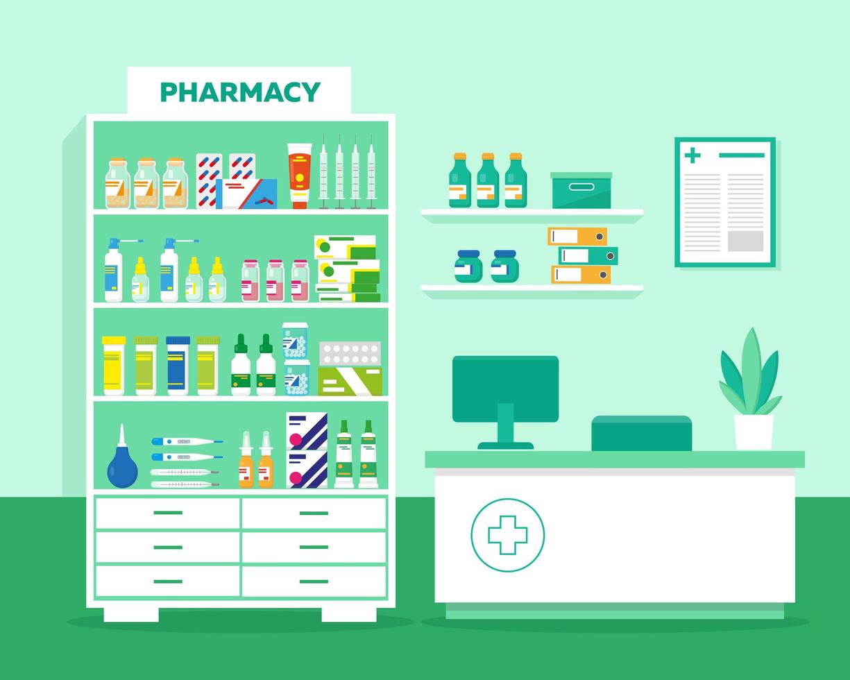 Pharmacy or clinic interior. Vector illustration.