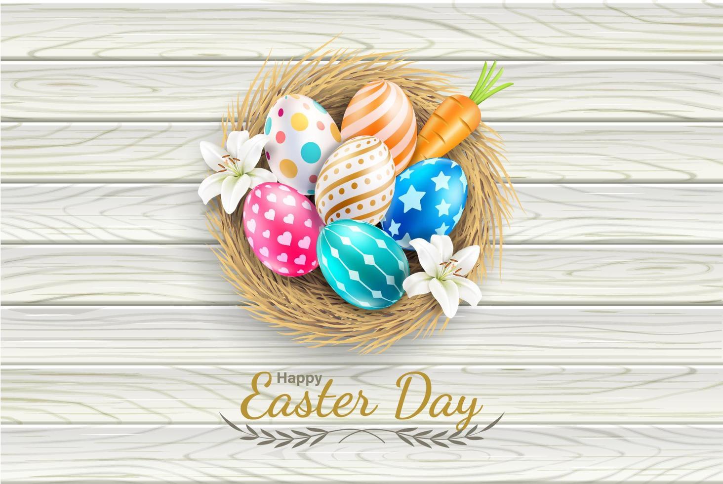 Happy easter day easter eggs colorful different and patterns texture on egg nest. vector