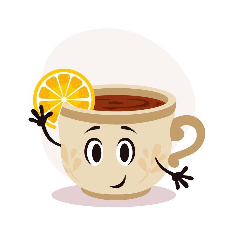 Vector white tea cup with hot drink. Tea with lemon piece. Happy cartoon character with print on surface