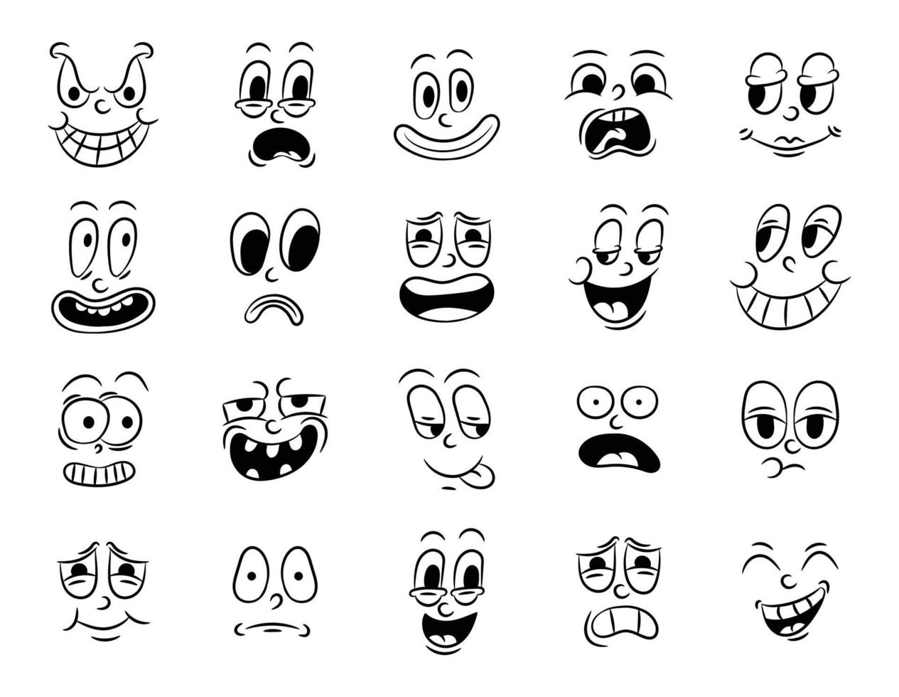 colección de viejas animaciones de dibujos animados tradicionales retro. caras antiguas de personas con diferentes emociones de los años 20 y 30. expresiones de caracteres emoji 50s 60s. la cabeza se enfrenta a elementos de diseño en estilo cómico vector