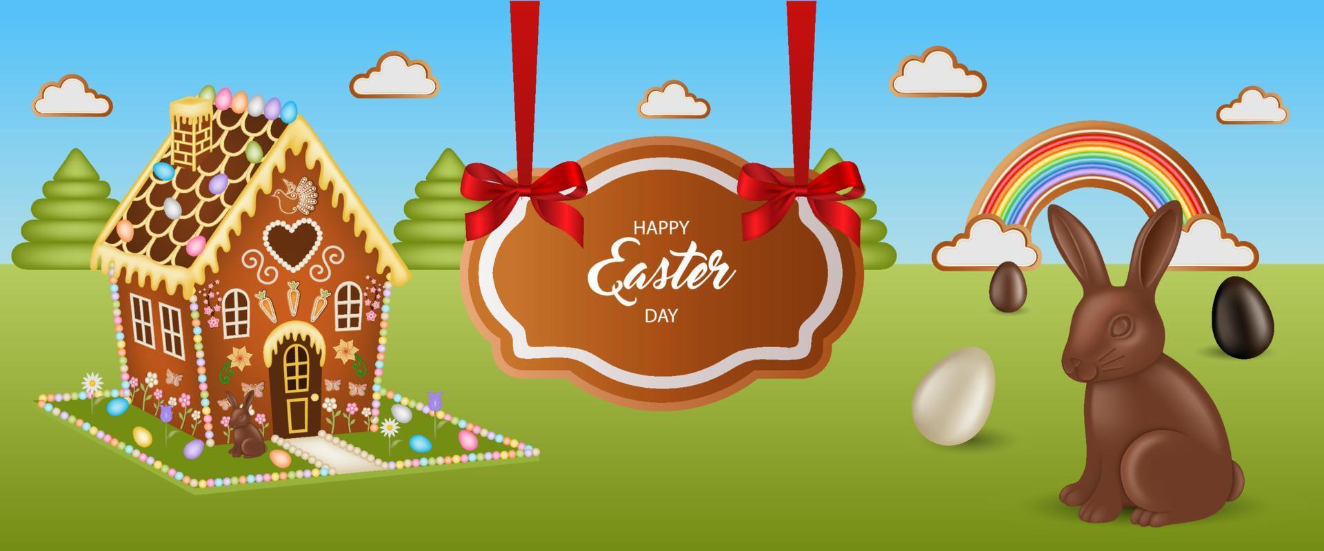 easter banner with gingerbread house, chocolate eggs and rabbit vector