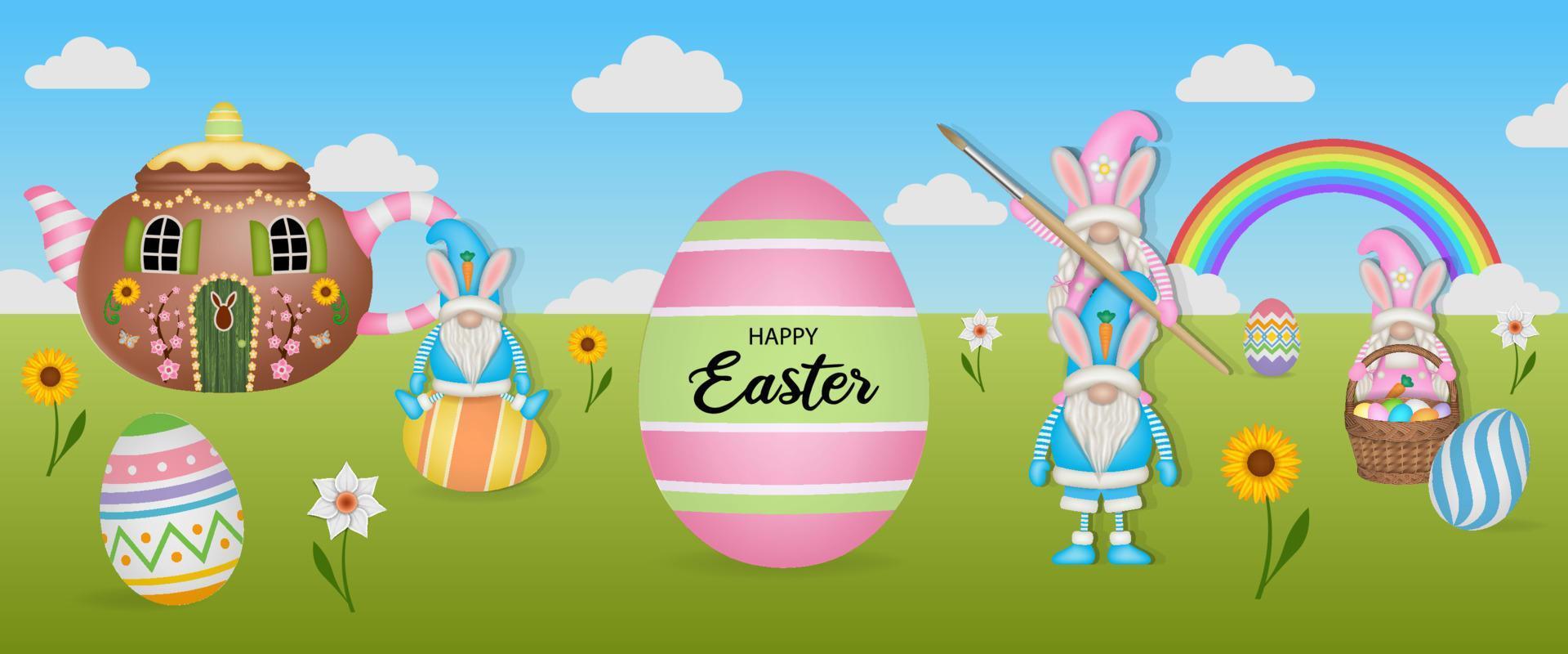 easter banner with colorful eggs and gnomes vector