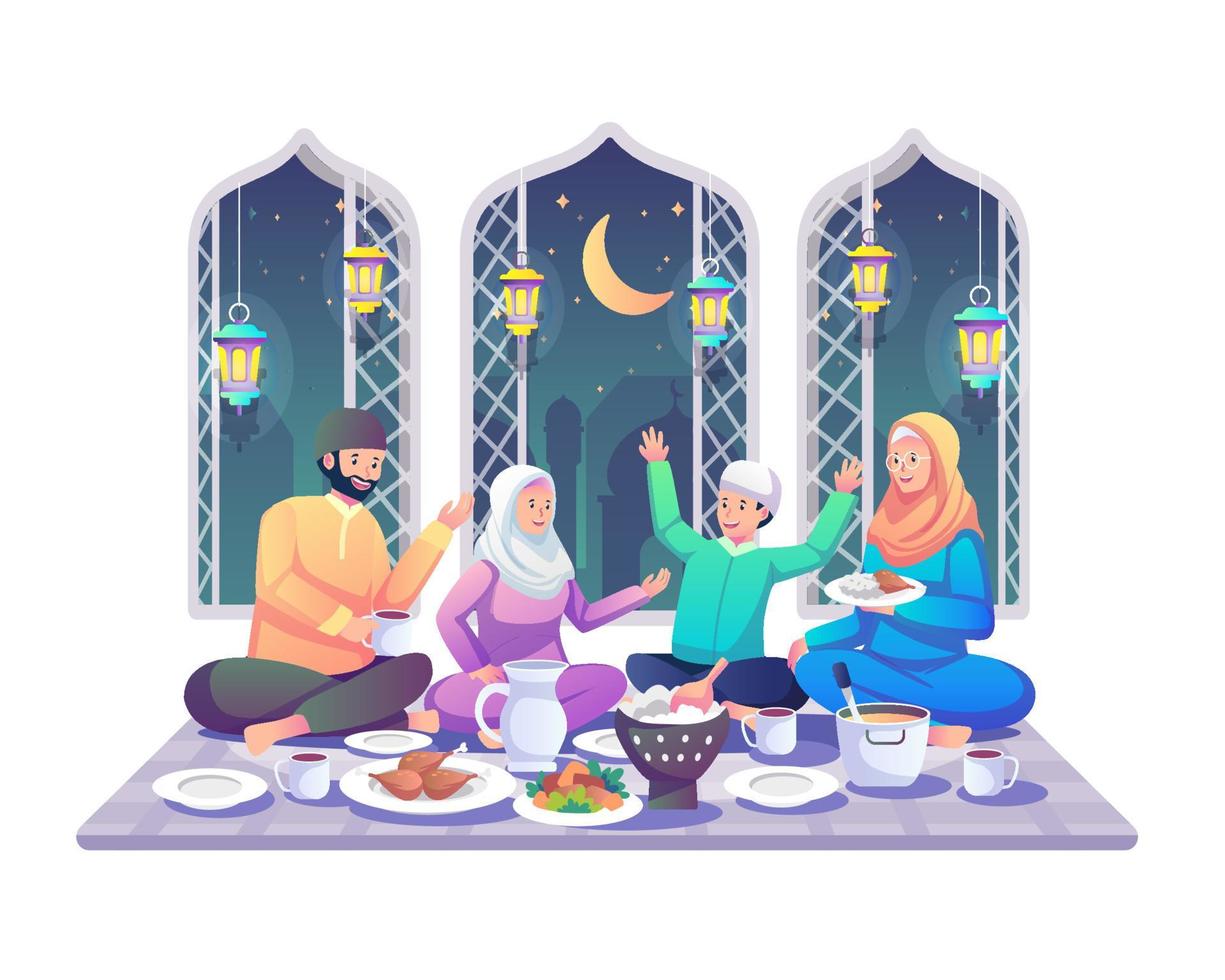 familia musulmana comiendo iftar después del ayuno. disfrutando ramadan kareem mubarak juntos en felicidad durante el ayuno. ilustración vectorial de estilo plano vector