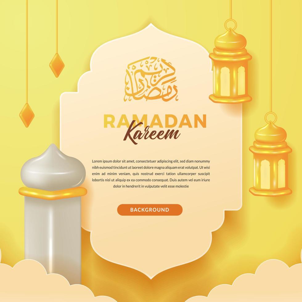 Hanging fanous arabic lantern with 3d tower mosque for greeting social media template for ramadan kareem or islamic event with arabic calligraphy vector