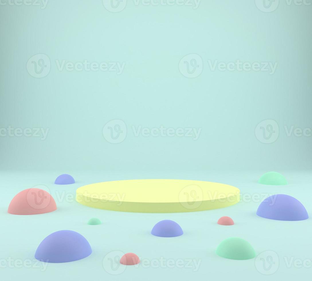 3d rendering studio with geometric shapes, podium on the floor. Platforms for product presentation, mock up background. photo