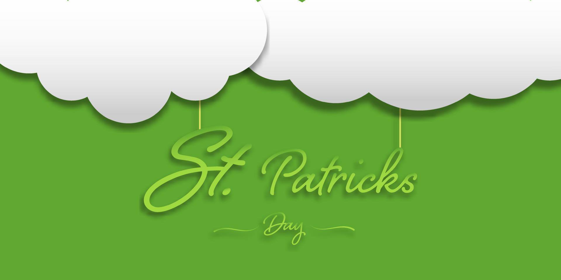 feliz día de san patricio colgando con una nube blanca sobre fondo verde para banner, sitio web de logotipo y tarjeta. celebración y festival irlandés. vector