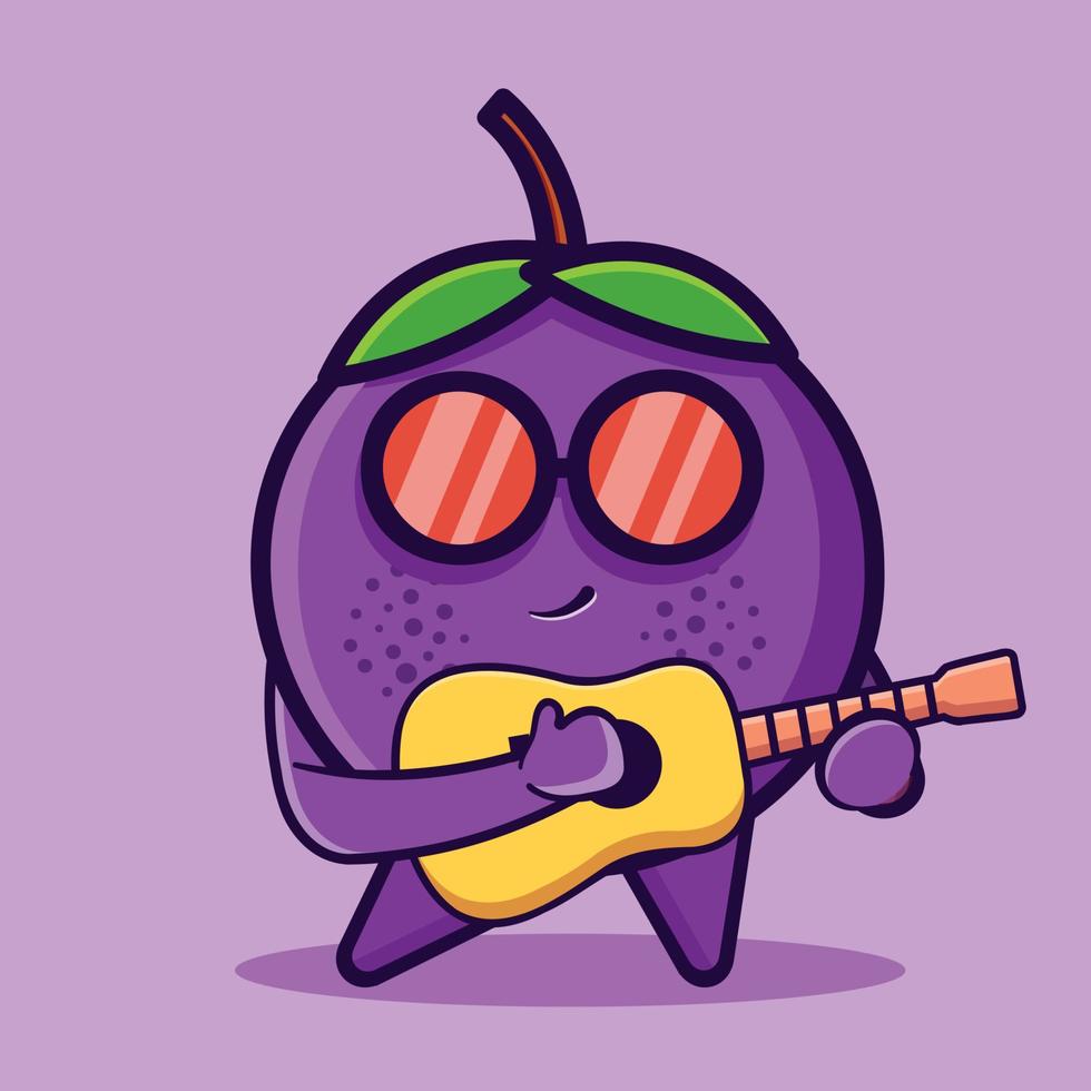 Cute mangosteen fruit character mascot playing guitar isolated cartoon in flat style vector