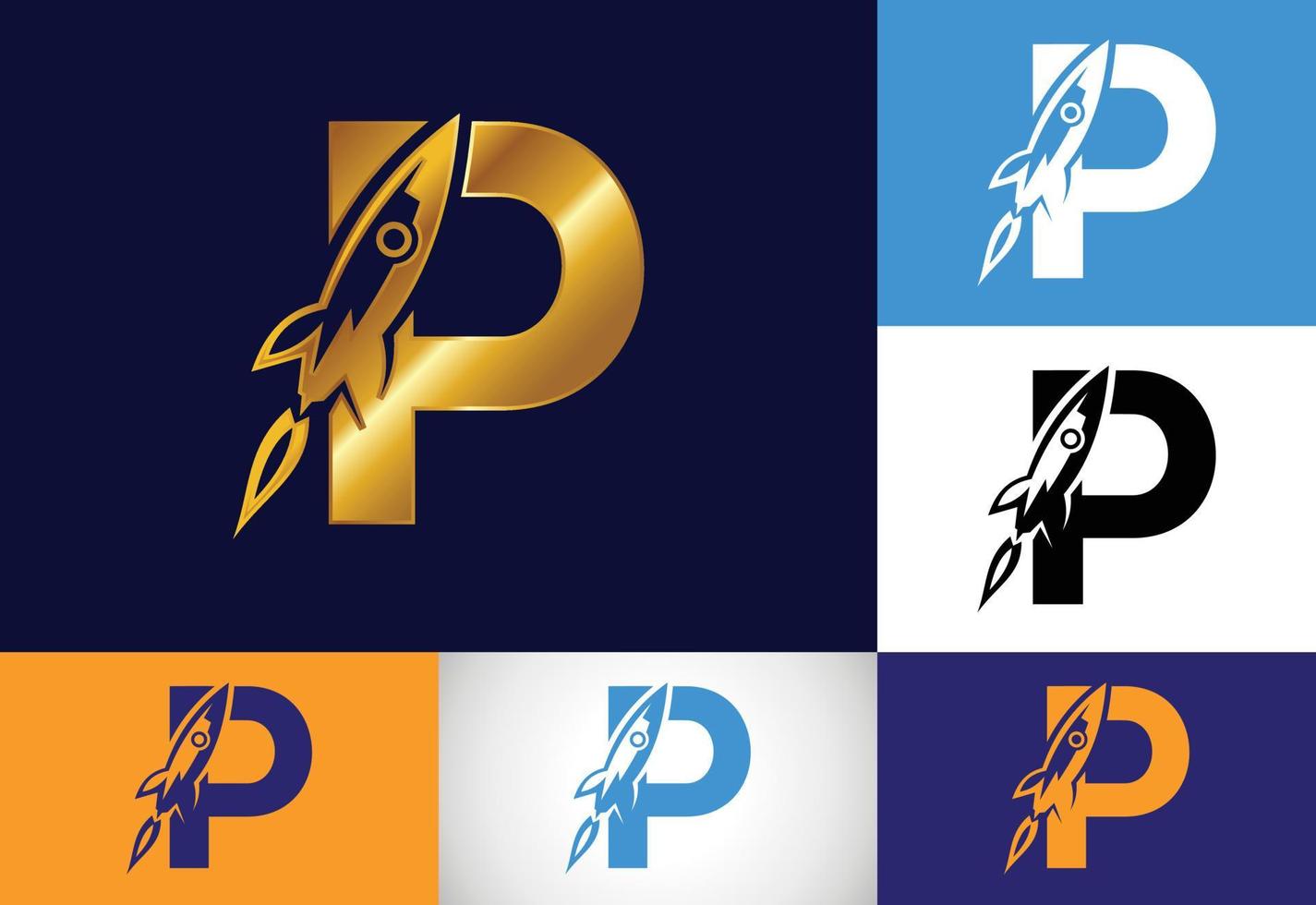 alfabeto inicial de la letra del monograma p con un diseño de logotipo de cohete. icono de cohete. emblema de fuente logotipo vectorial moderno para la identidad empresarial y empresarial. vector