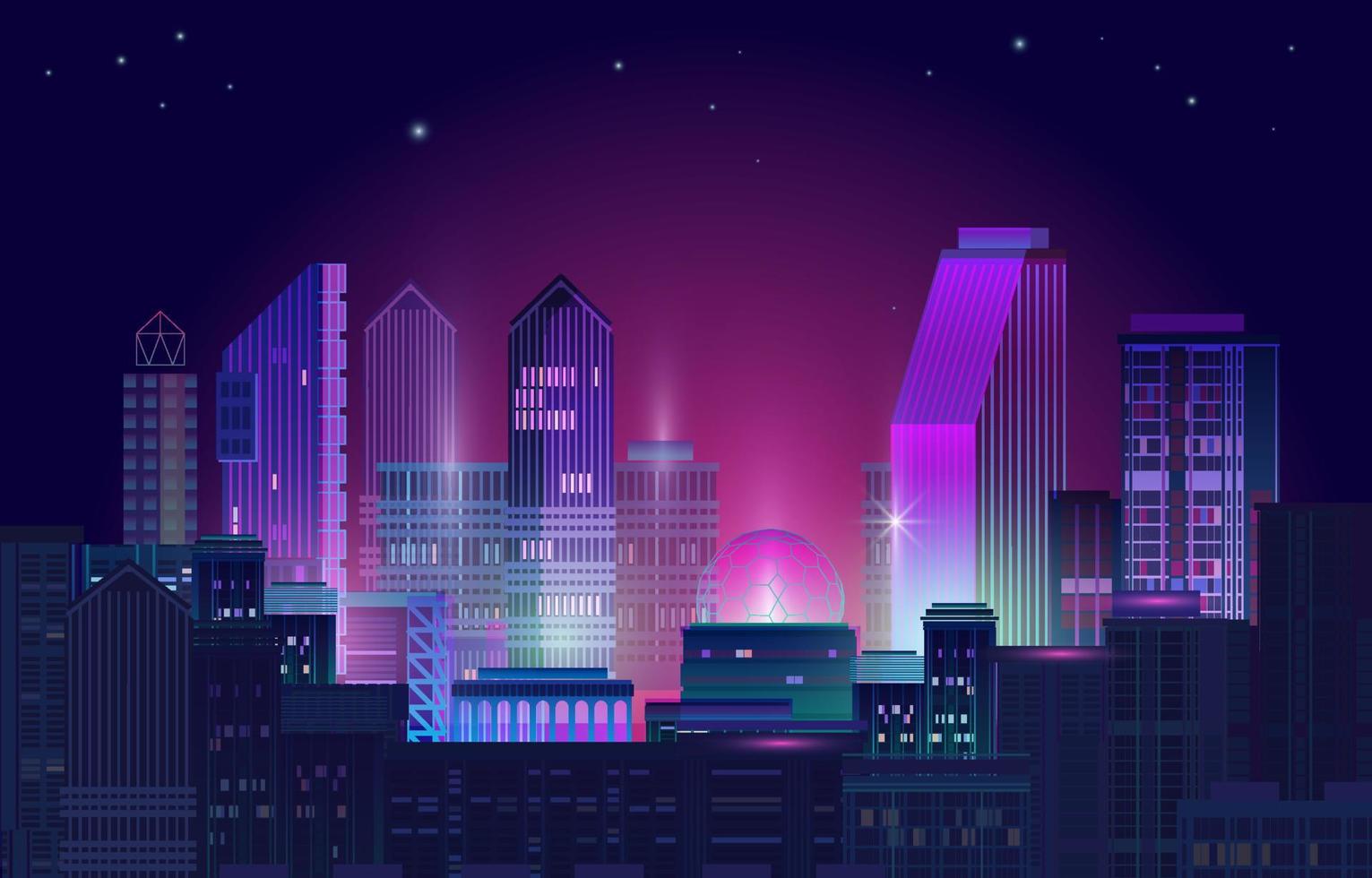 Night City Panorama with Neon Glow on Dark Background. Vector. vector