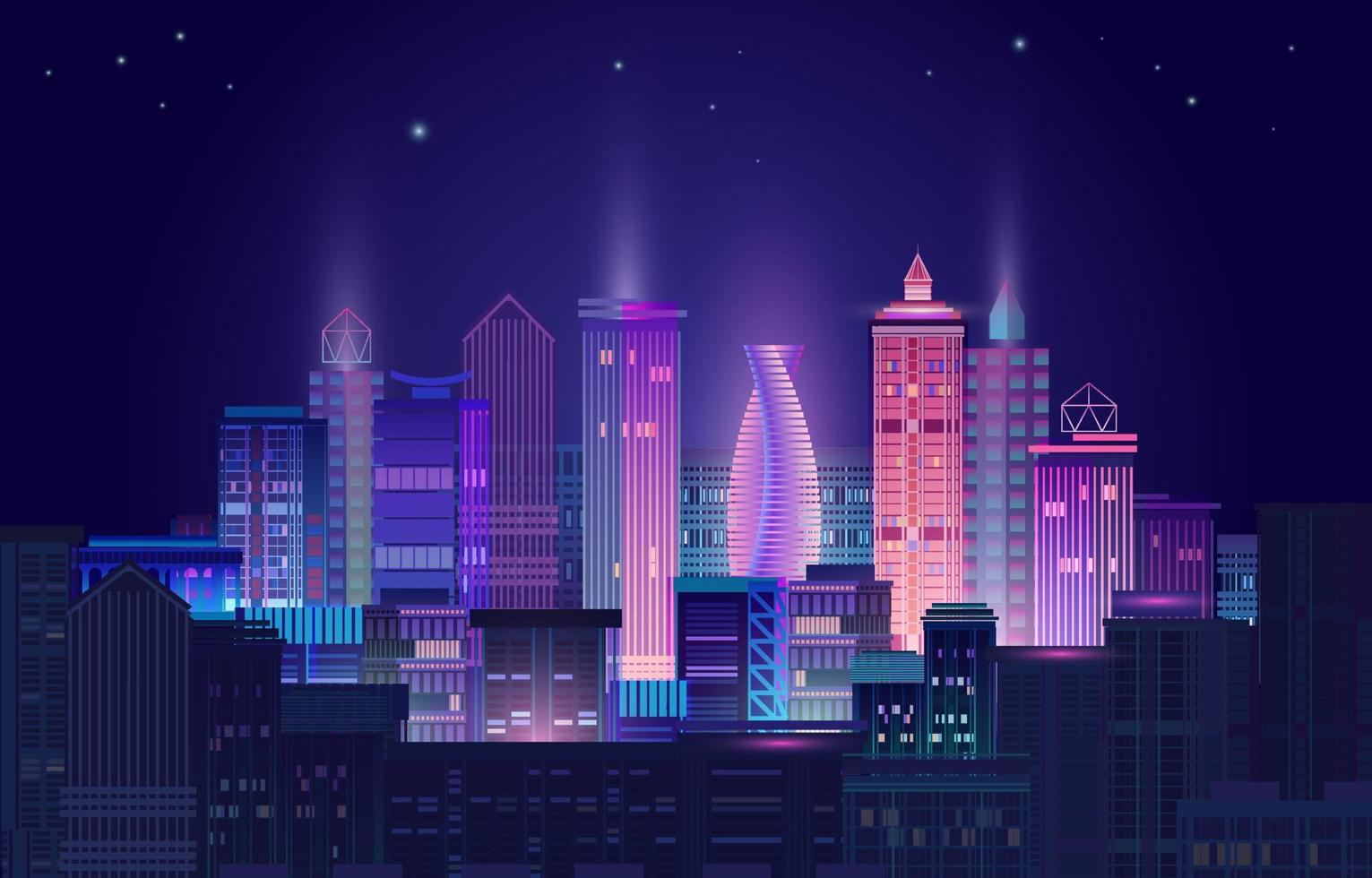 panorama de la ciudad nocturna con brillo de neón sobre fondo oscuro. vector. vector