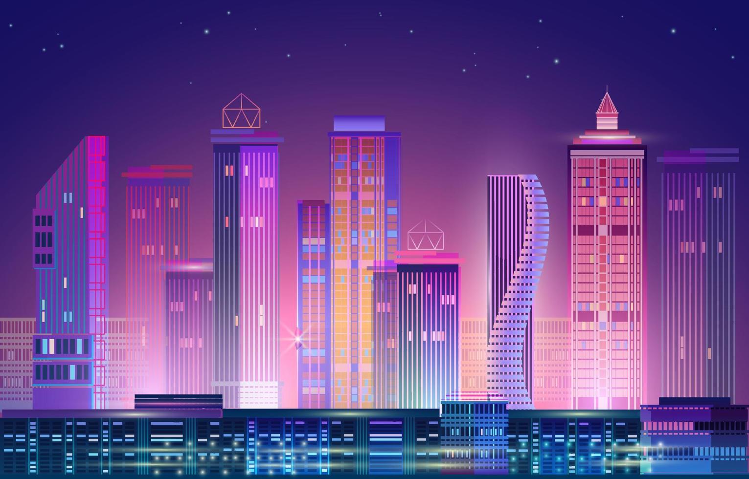 Night City Panorama with Neon Glow on Dark Background. Vector. vector