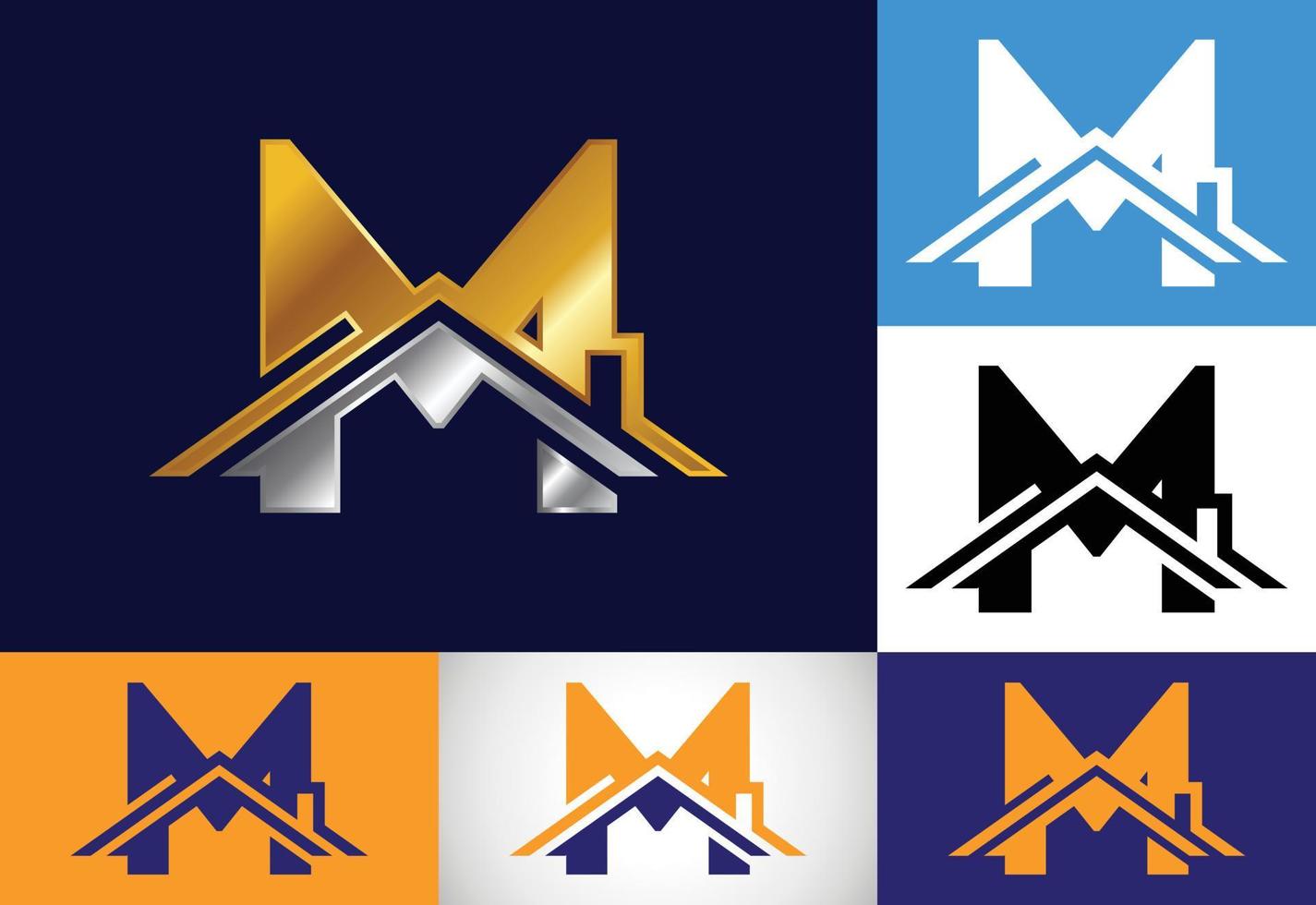 alfabeto de monograma m inicial con el techo. signo de casa o casa. concepto de logotipo inmobiliario. emblema de fuente logotipo vectorial moderno para el negocio inmobiliario y la identidad de la empresa. vector