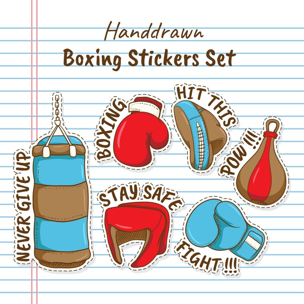Hand drawn Boxing Equipment Stickers with lined notebook paper as Background vector