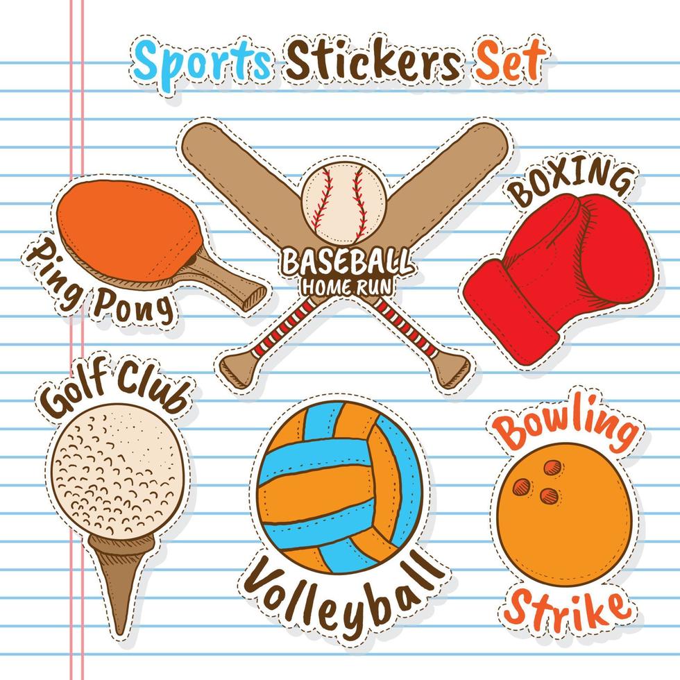 Hand drawn Sports Equipment Stickers with lined notebook paper as Background vector