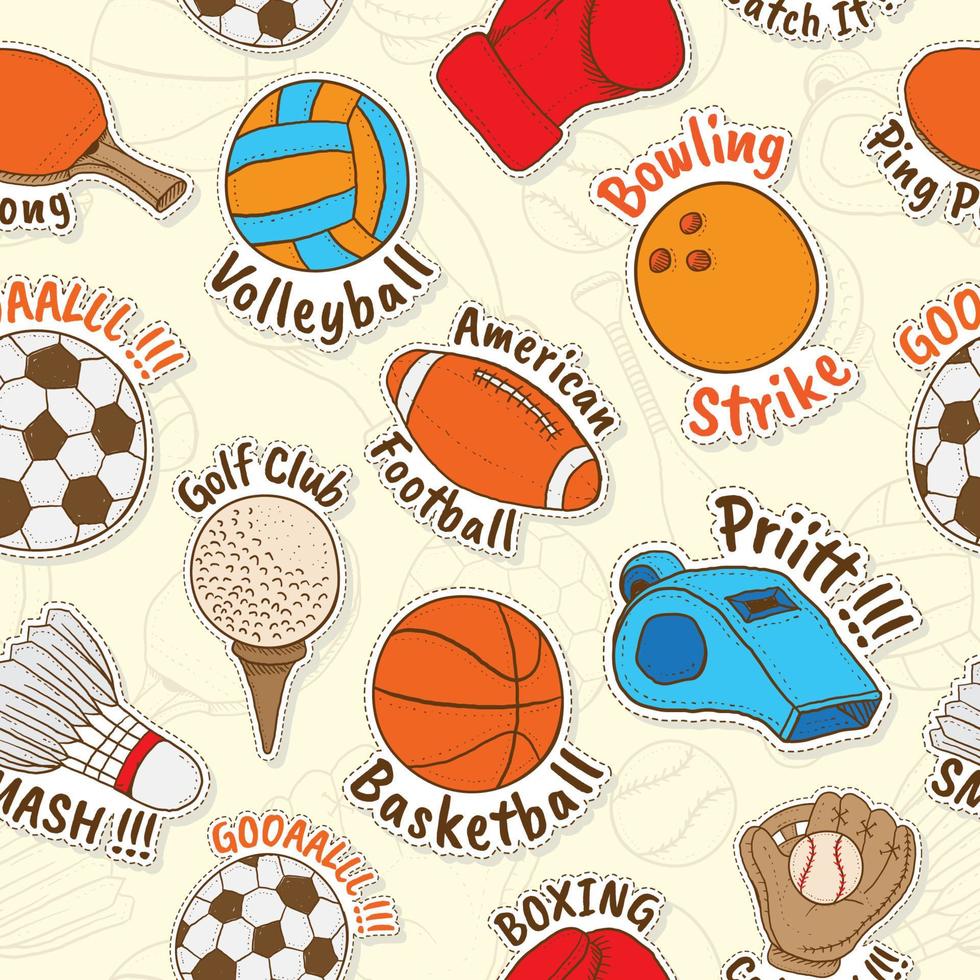 Seamless Pattern of Hand drawn Sport Equipment Stickers vector