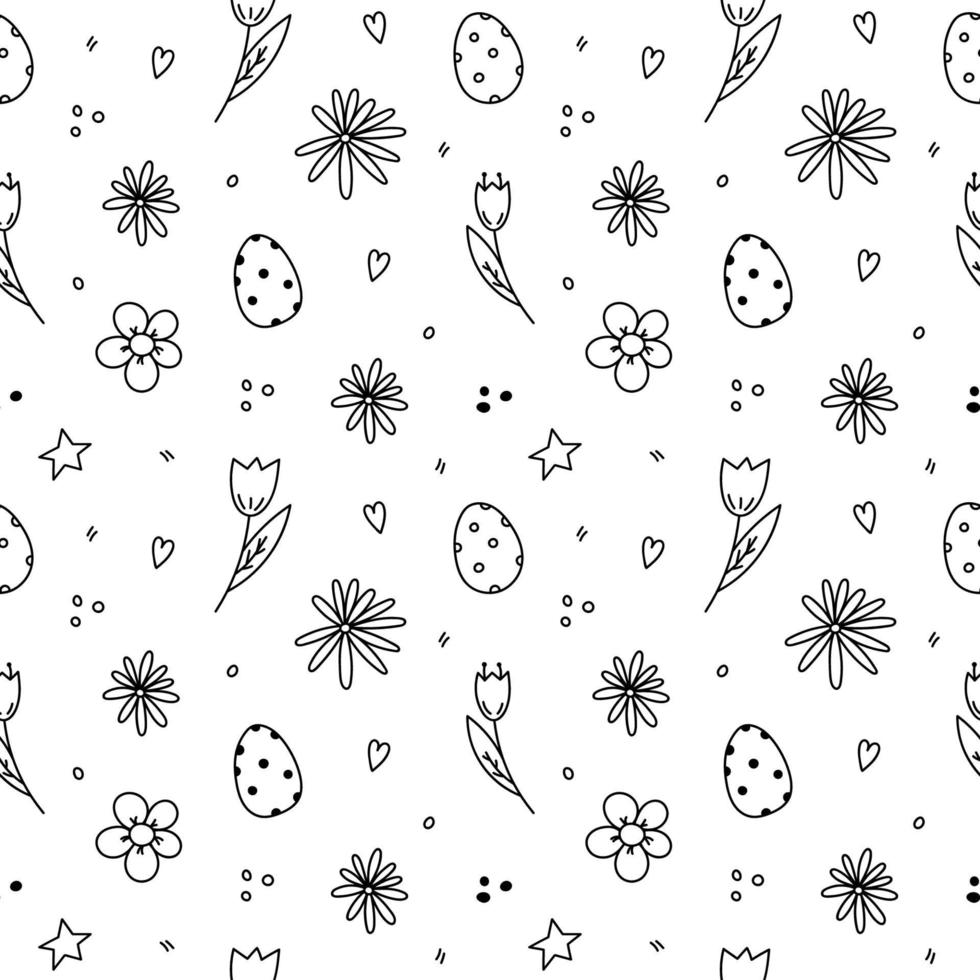 Cute Easter seamless pattern. Festive Easter eggs and spring flowers. Vector hand-drawn illustration in doodle style. Perfect for wrapping paper, packaging, prints, decor.