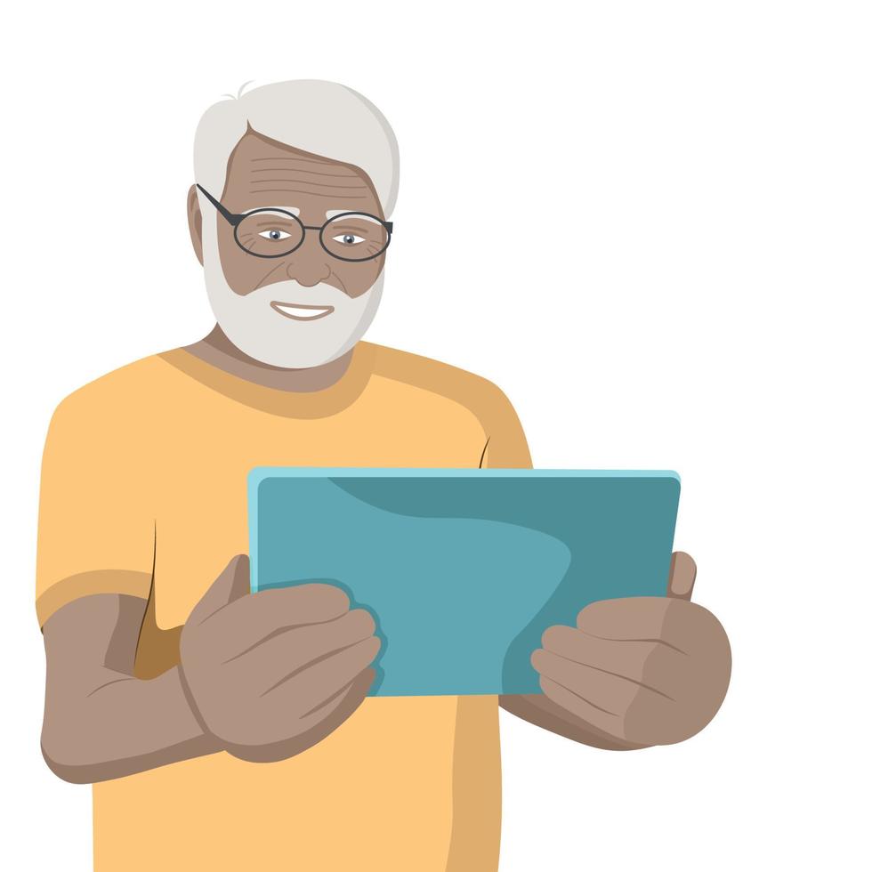 Portrait of an elderly dark-skinned bearded man with a tablet in his hands, vector illustration, isolated on a white background