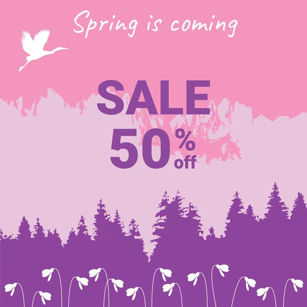 Post template in pink colors, the inscription, Spring is coming, sale. Suitable for social media posting and online advertising vector