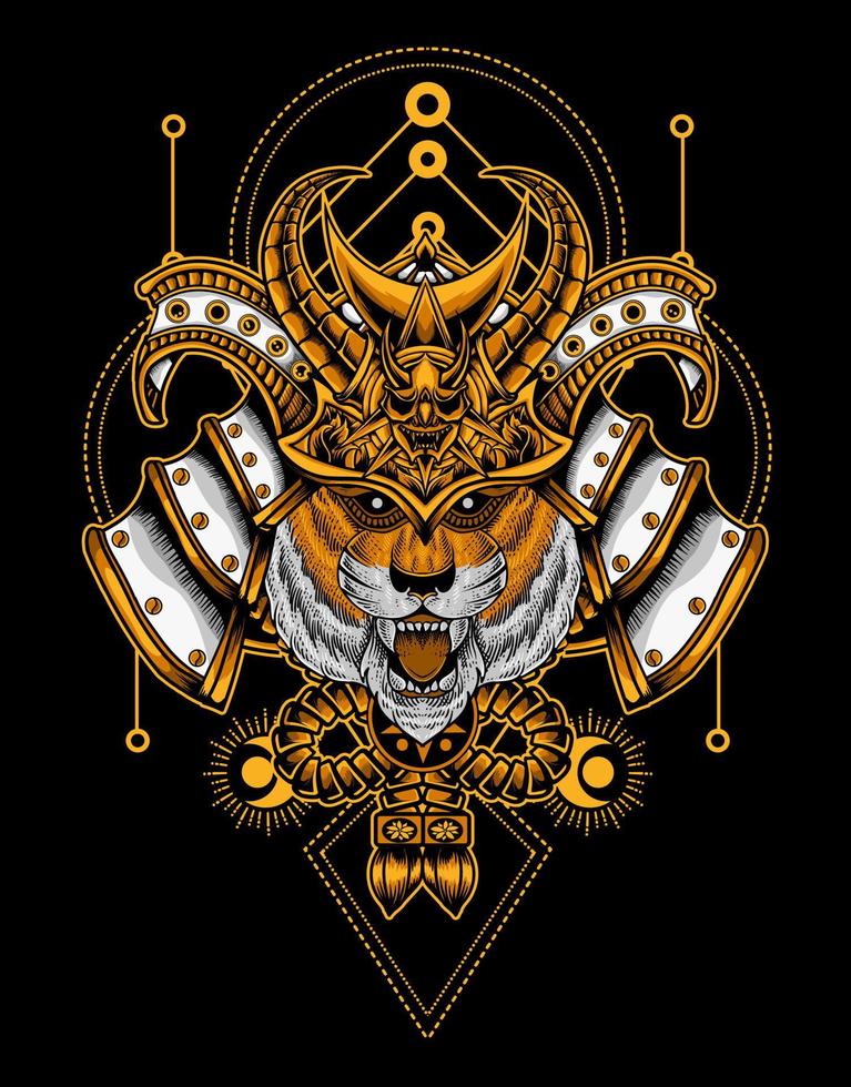 ilustración tigre samurai cabeza con geometría sagrada vector