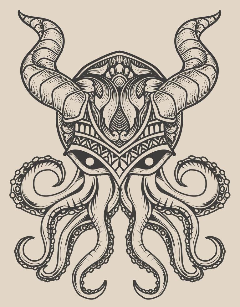 illustration vintage octopus with mask vector