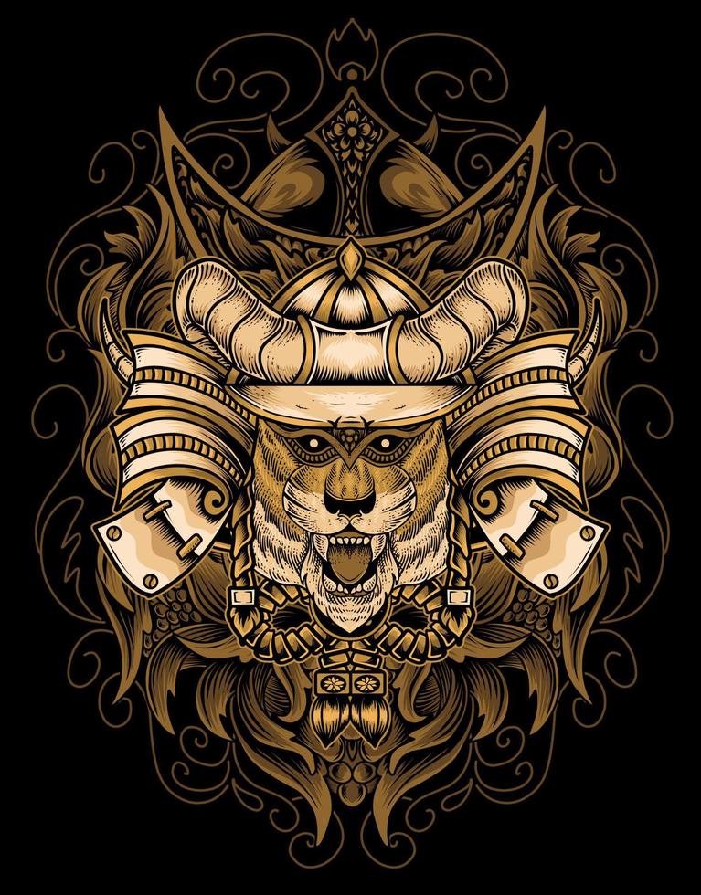 illustration tiger samurai head with engraving ornament vector