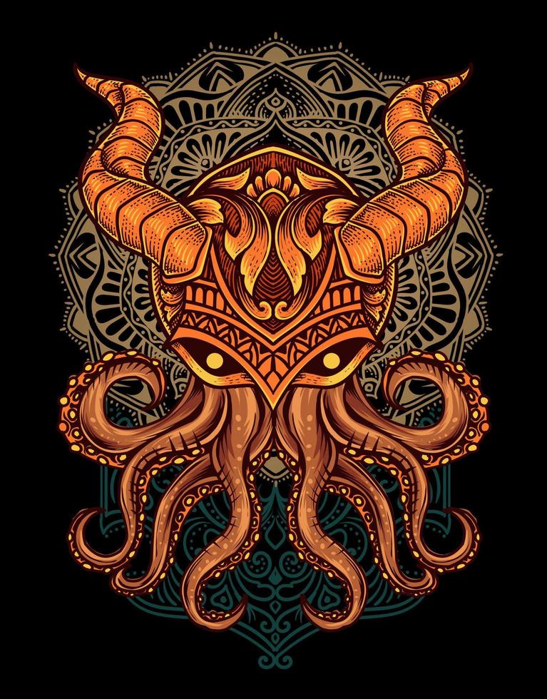 illustration vintage octopus with mandala ornament vector