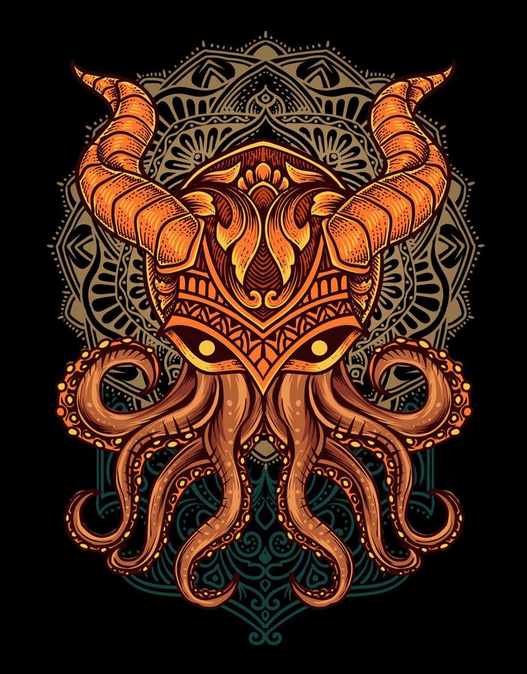 illustration vintage octopus with mandala ornament vector