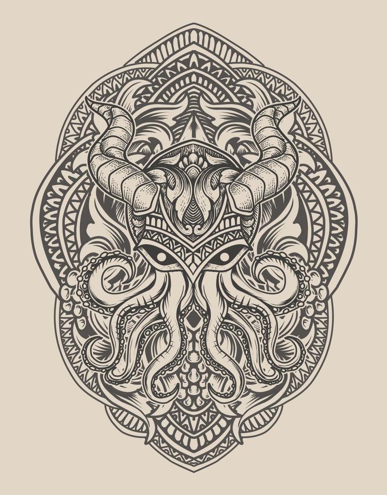 illustration vintage octopus with engraving ornament style vector