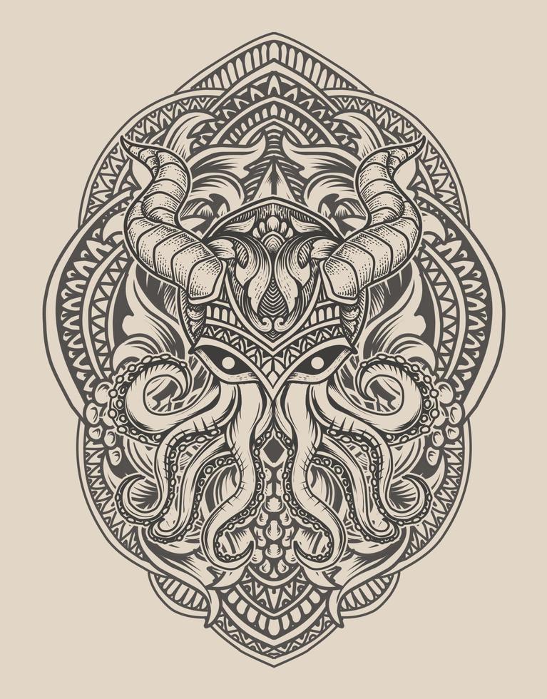 illustration vintage octopus with engraving ornament style vector