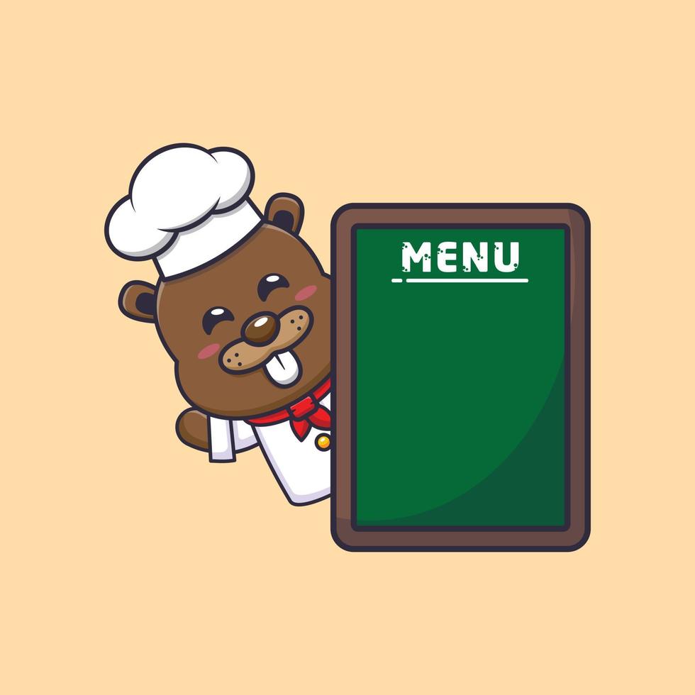 lindo personaje de dibujos animados de la mascota del chef castor con tablero de menú vector