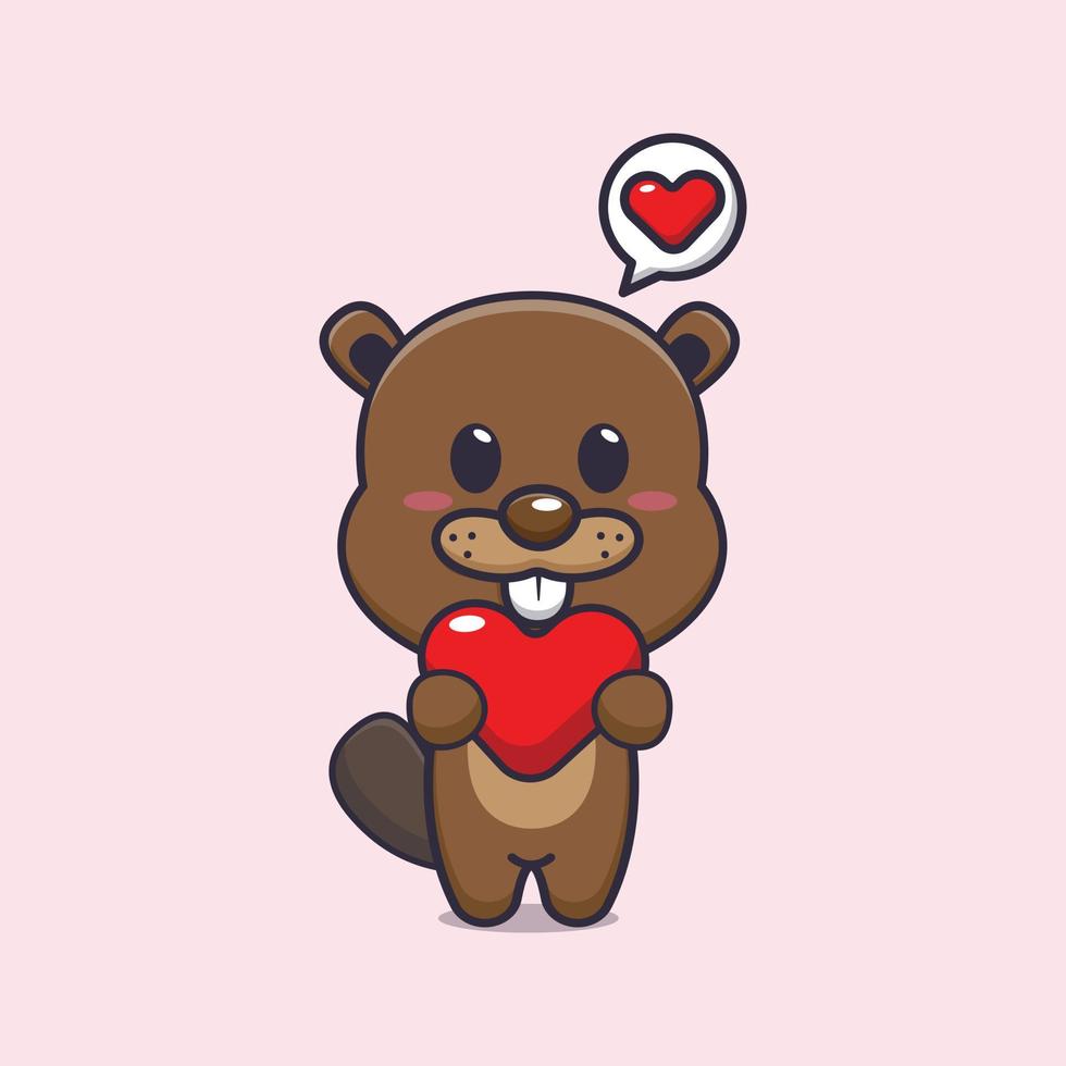 ilustración de personaje de dibujos animados de mascota de castor lindo en el día de san valentín vector