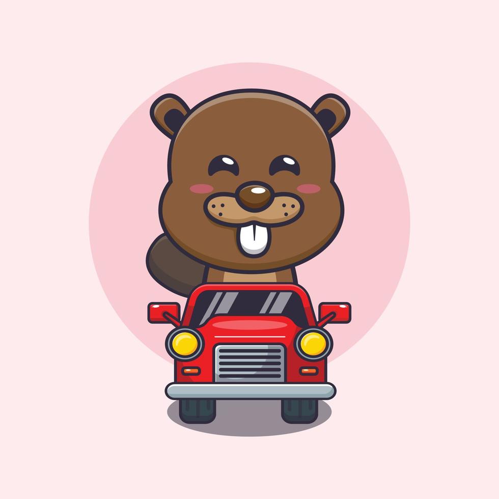 cute beaver mascot cartoon character ride on car vector