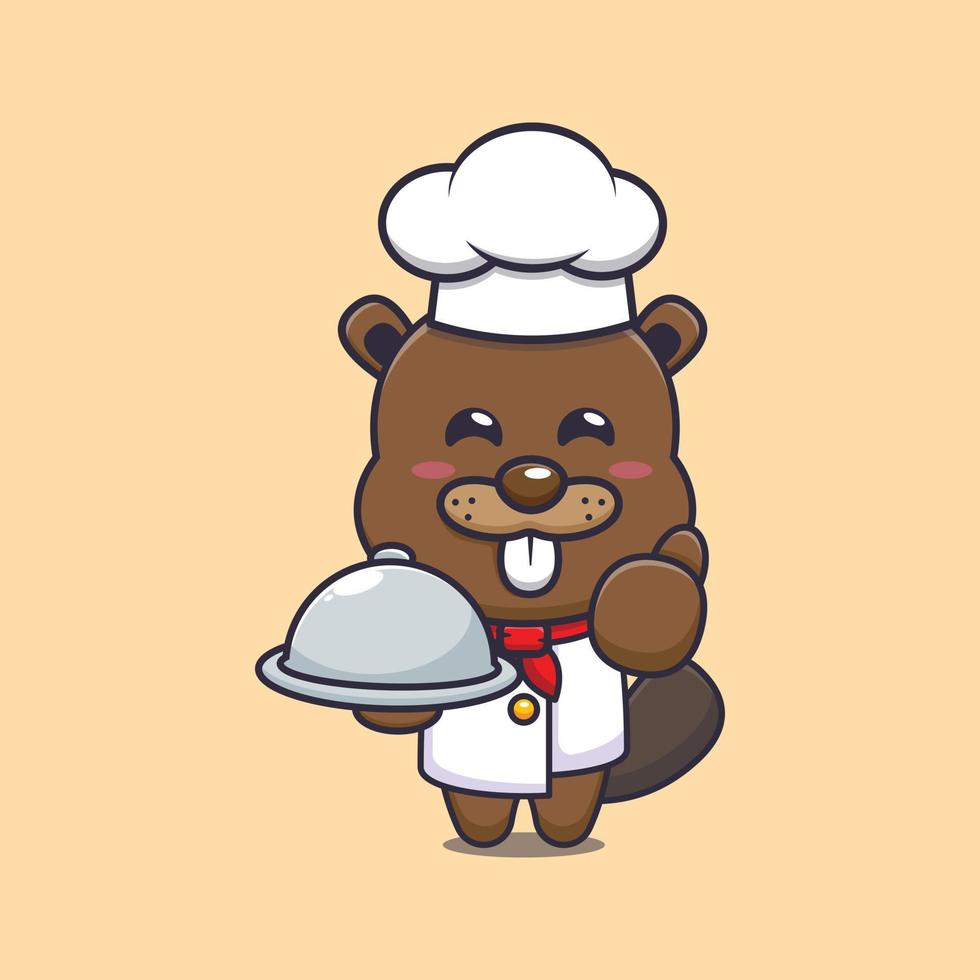 cute beaver chef mascot cartoon character with dish vector
