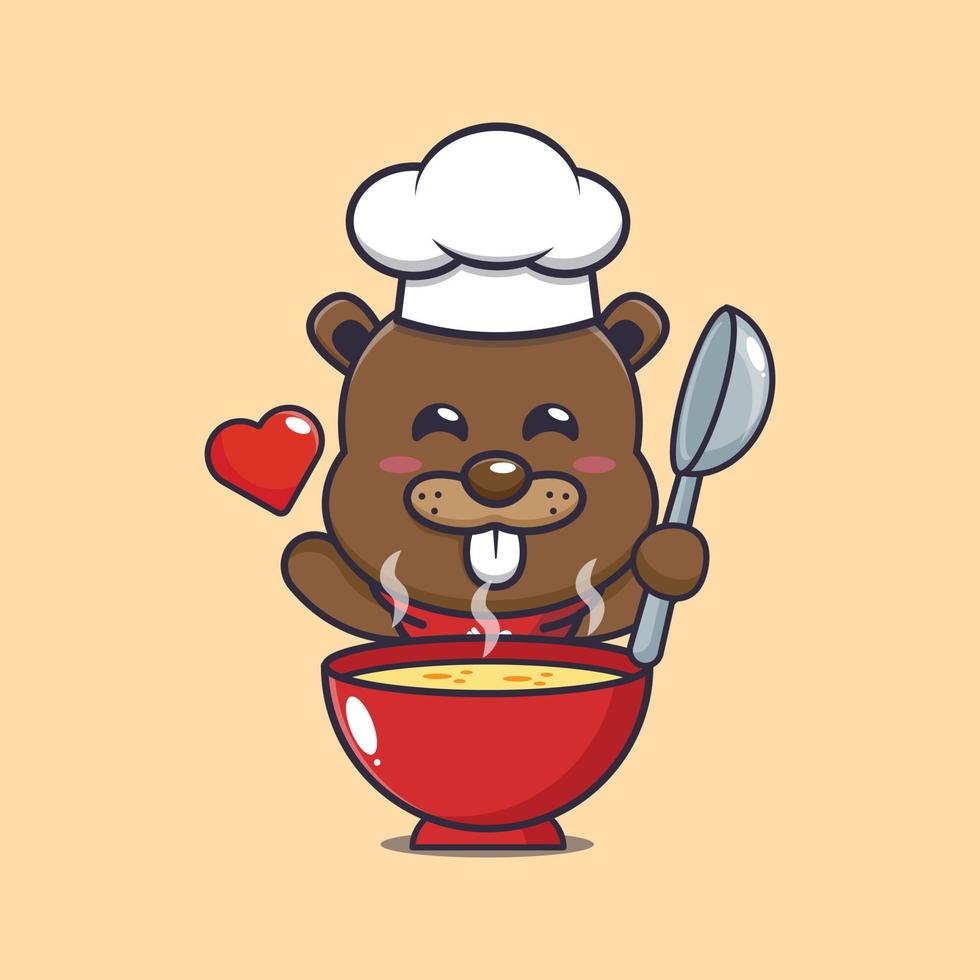 lindo personaje de dibujos animados de la mascota del chef castor con sopa vector