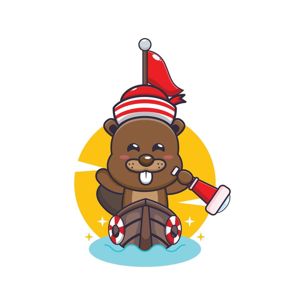 cute beaver mascot cartoon character on the boat vector