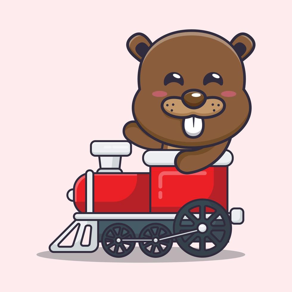 lindo personaje de dibujos animados de la mascota del castor paseo en tren vector
