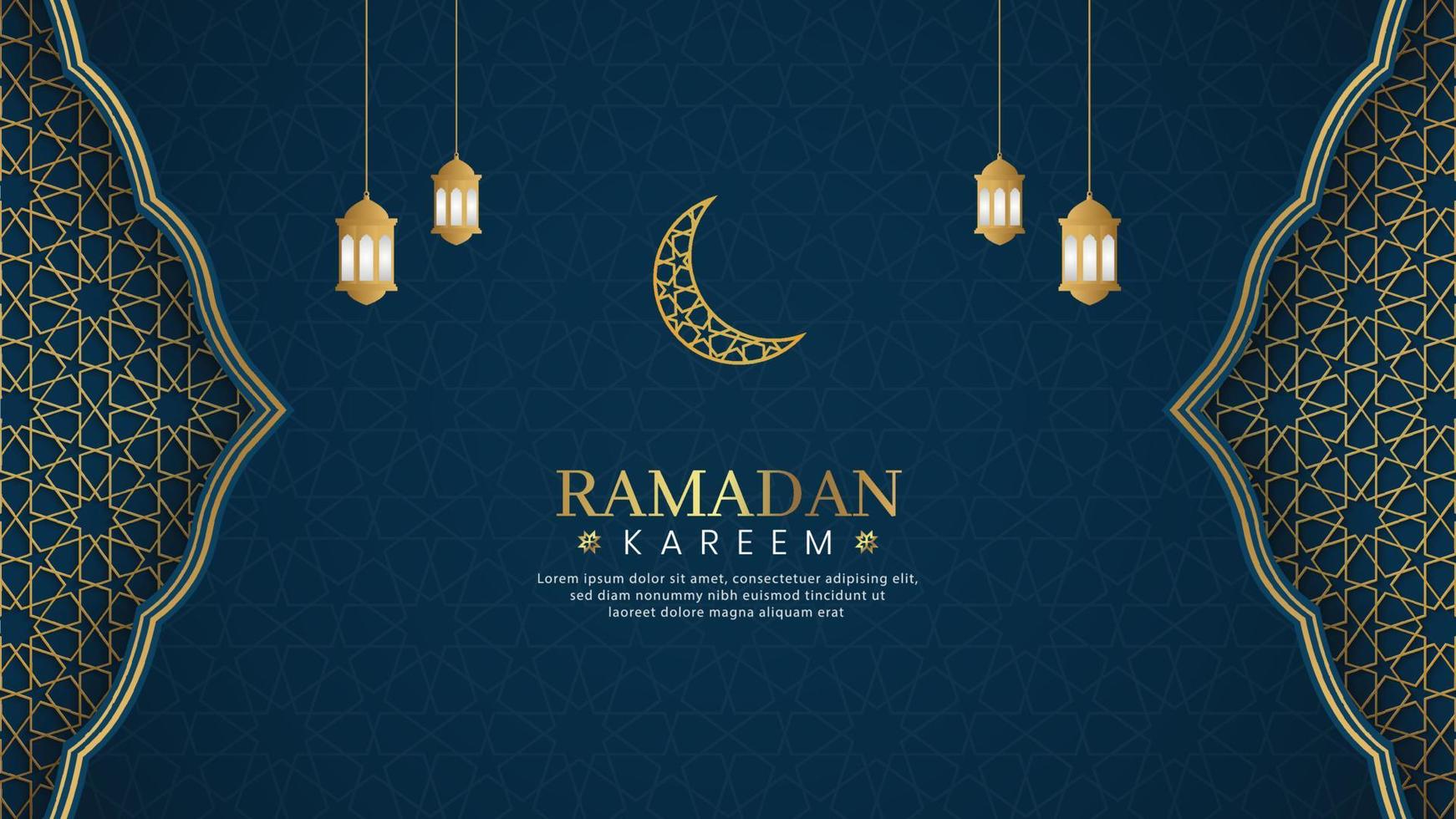 ramadan kareem, fondo de lujo azul árabe islámico con patrón geométrico y hermoso adorno con linternas vector