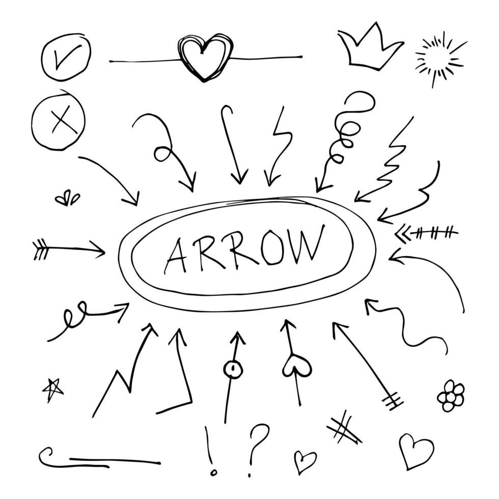 hand drawn arrow icon set. Doodle vector illustration.