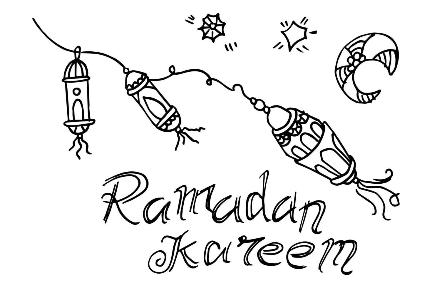 Doodles line art of ramadan kareem greeting card concept. Vector illustration.