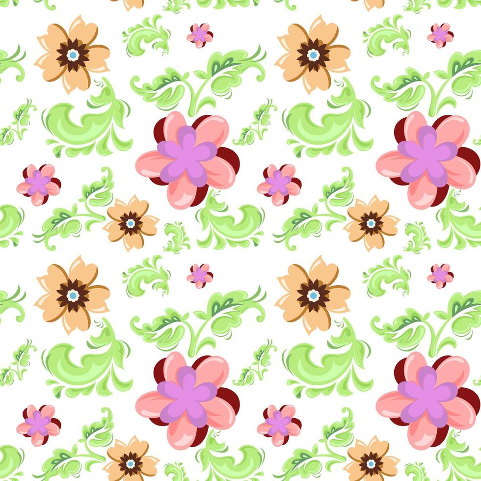 Modern hand-drawn floral seamless vector patterns, bright colorful