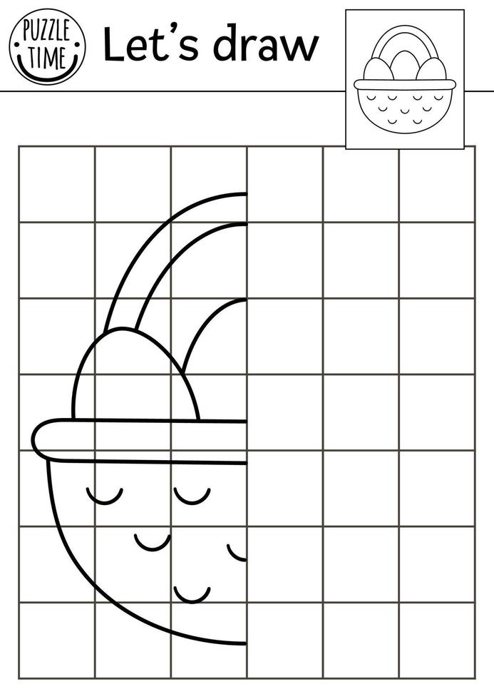 Complete the basket with eggs picture. Vector Easter drawing practice worksheet. Spring printable black and white activity for pre-school children. Copy the picture garden themed game for kids