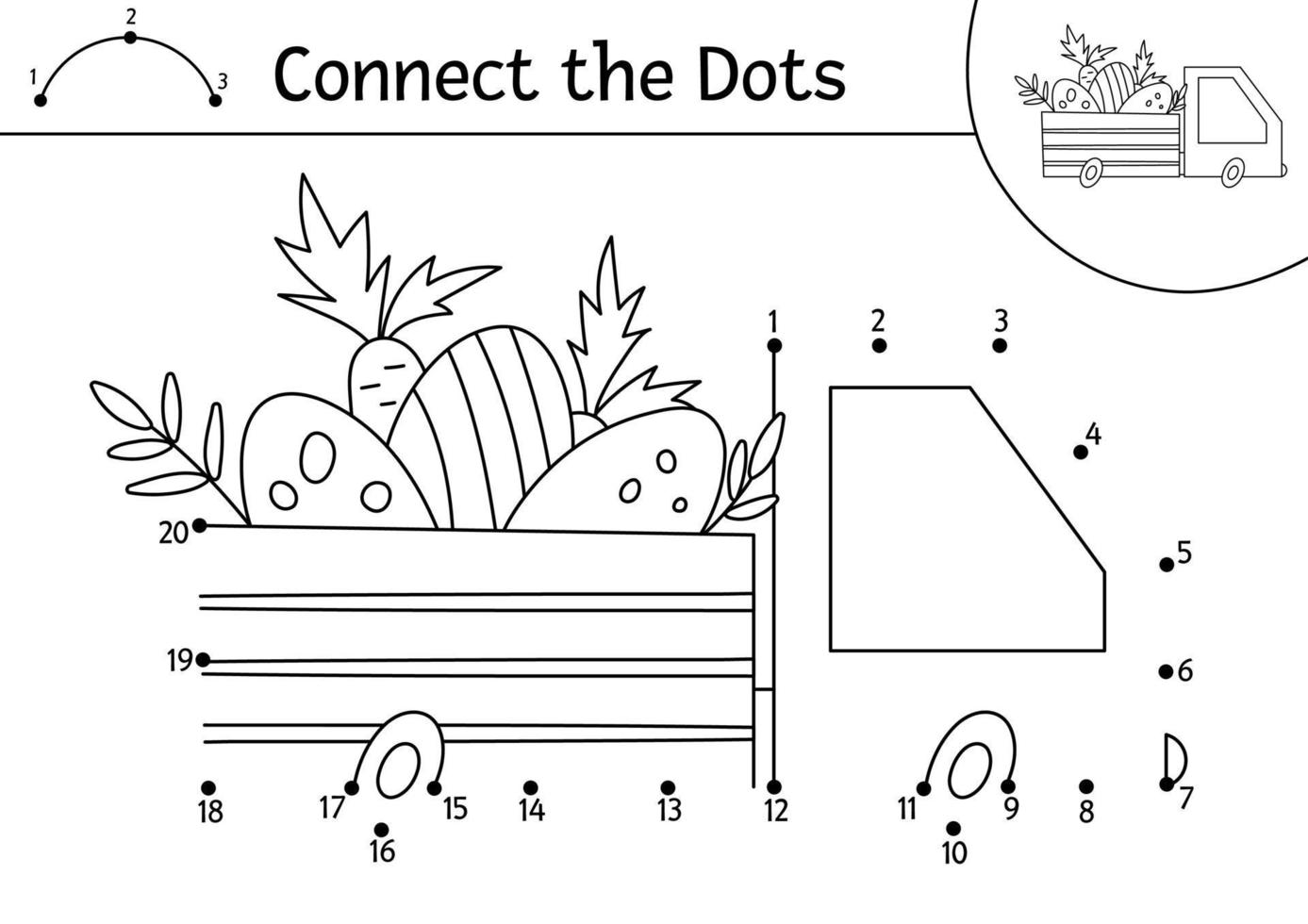 vector actividad de punto a punto y color de Pascua con lindo coche con huevos y zanahorias. vacaciones de primavera conecta el juego de puntos para niños con símbolo tradicional. adorable y divertida página para colorear para niños.