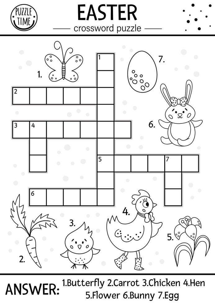 Vector black and white Easter crossword puzzle for kids. Simple spring quiz with holiday objects and animals for children. Activity or coloring page with traditional symbols and garden theme