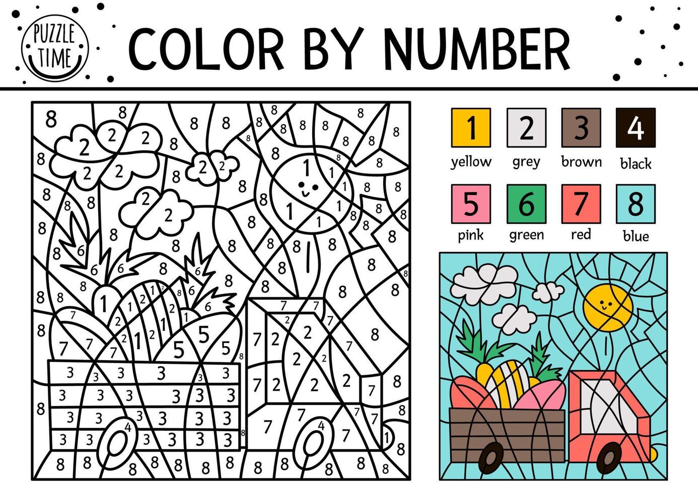 Vector Easter color by number activity with car driving eggs and carrots. Spring holiday coloring and counting game with cute bird. Funny coloration page for kids with traditional symbols.